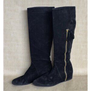 Stuart Weitzman Black Suede Leather Hidden Wedge Tall Tassel Boots Size 9 EUC